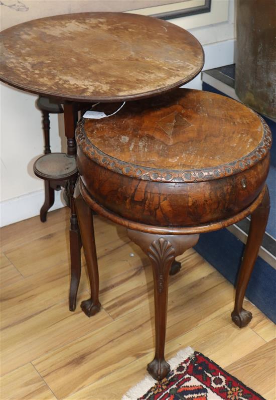 An Edwardian circular occasional table and a Georgian style walnut work table larger 60cm diameter